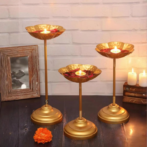 Zeby Crafts Gold Decorative Urli Bowl Set of 3 – Tealight Holder & Floating Diya Stand for Home Decor, Pooja, Diwali Decoration & Centerpiece Showpiece