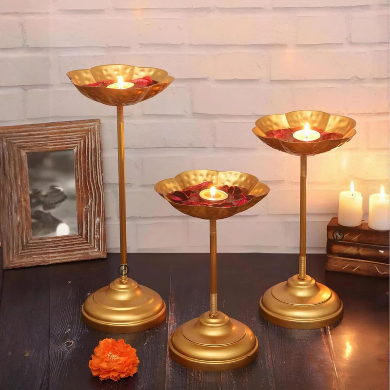 Zeby Crafts Gold Decorative Urli Bowl Set of 3 – Tealight Holder & Floating Diya Stand for Home Decor, Pooja, Diwali Decoration & Centerpiece Showpiece
