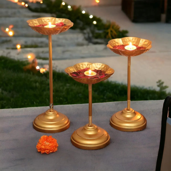 Zeby Crafts Gold Decorative Urli Bowl Set of 3 – Tealight Holder & Floating Diya Stand for Home Decor, Pooja, Diwali Decoration & Centerpiece Showpiece