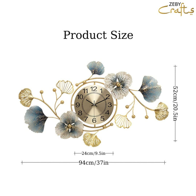 Zeby Crafts Large Wall Clock 37 Inch Creative Metal Ginkgo Leaf Design Metal Wall Clock