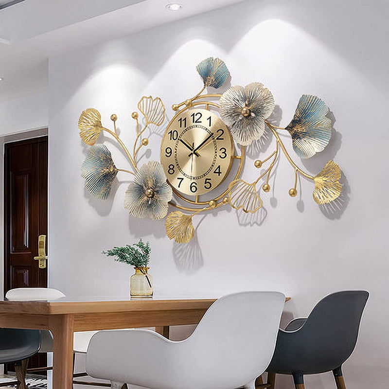 Zeby Crafts Large Wall Clock 37 Inch Creative Metal Ginkgo Leaf Design Metal Wall Clock