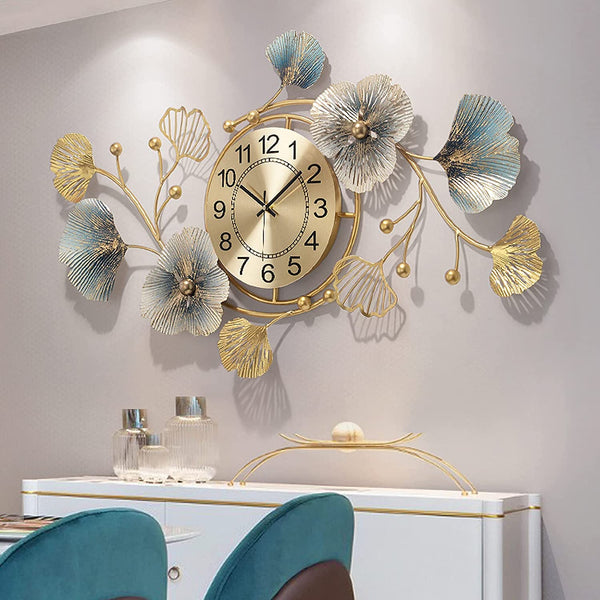 Zeby Crafts Large Wall Clock 37 Inch Creative Metal Ginkgo Leaf Design Metal Wall Clock