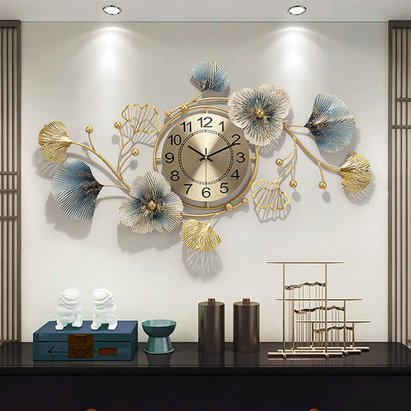 Zeby Crafts Large Wall Clock 37 Inch Creative Metal Ginkgo Leaf Design Metal Wall Clock