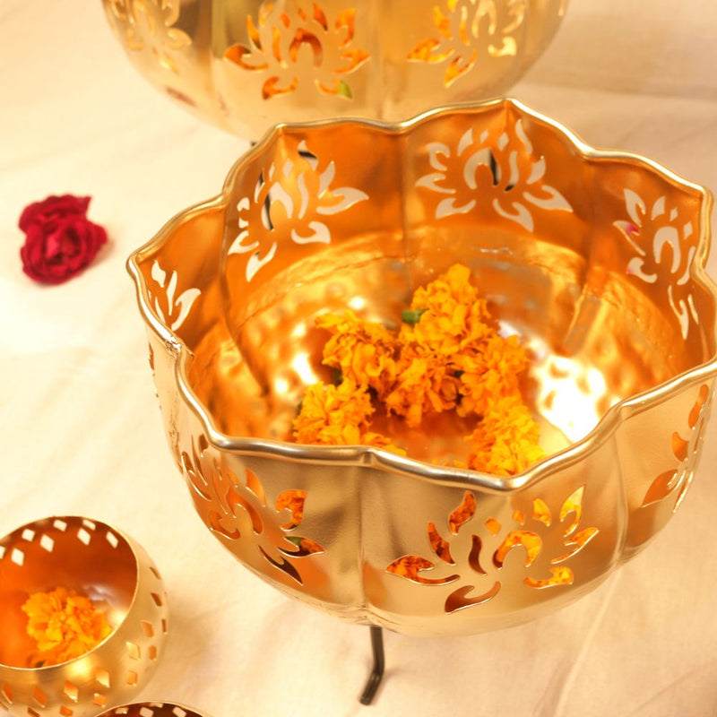 Zeby Crafts Iron Lotus Kamal Diya Urli Bowls with Stand Pot for Floating Flower/Candle Festive Decor with Stand | Golden (Set of 10)