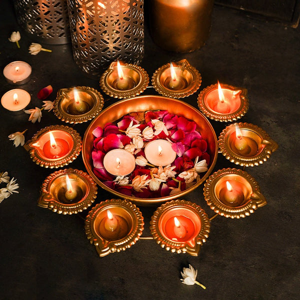 Aesthetic Floral Urli With Diya 14 Inch