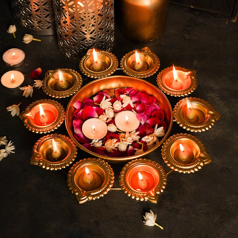 Aesthetic Floral Urli With Diya 14 Inch