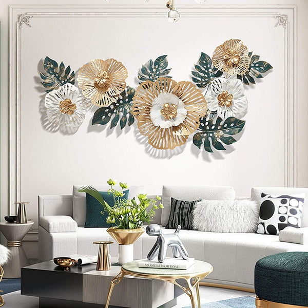 Zeby Crafts Flower Leaf Metal Wall Art Floral Wall Hanging (Color : Green &amp; Gold) (Size: 50 x 25 INCH)