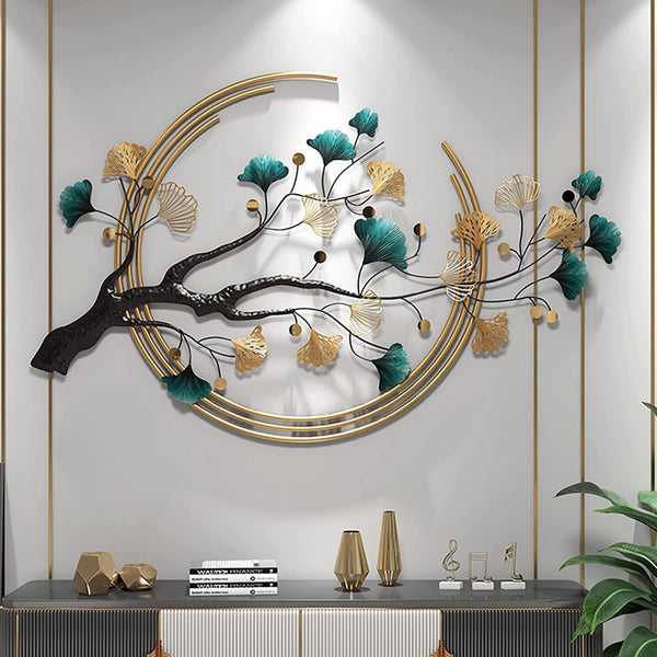 Zeby Crafts Ginkgo Tree Leaf Metal Wall Art, Modern Luxury Metal Wall Nature Art Decor, Metal Wall Decor for living room, 110x68cm - Multicolour