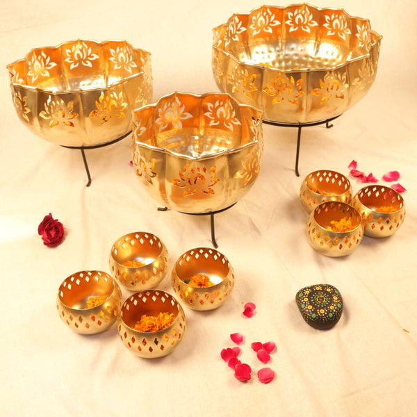 Zeby Crafts Iron Lotus Kamal Diya Urli Bowls with Stand Pot for Floating Flower/Candle Festive Decor with Stand | Golden (Set of 10)