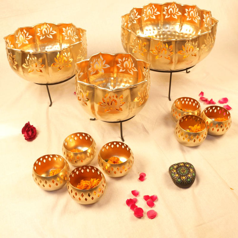 Zeby Crafts Iron Lotus Kamal Diya Urli Bowls with Stand Pot for Floating Flower/Candle Festive Decor with Stand | Golden (Set of 10)