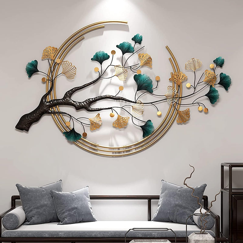 Zeby Crafts Ginkgo Tree Leaf Metal Wall Art, Modern Luxury Metal Wall Nature Art Decor, Metal Wall Decor for living room, 110x68cm - Multicolour