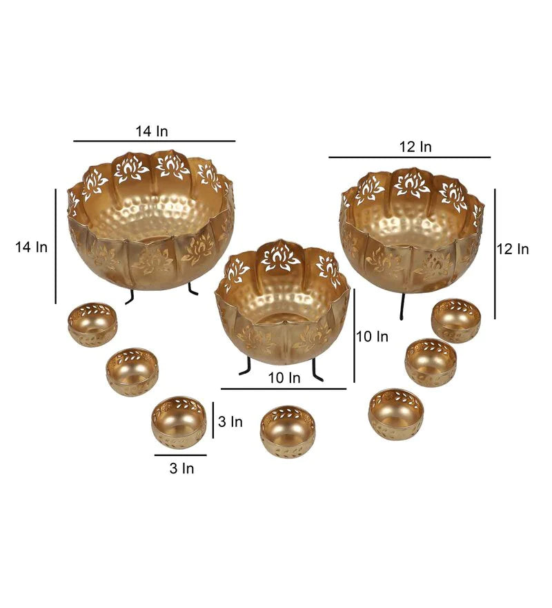 Zeby Crafts Iron Lotus Kamal Diya Urli Bowls with Stand Pot for Floating Flower/Candle Festive Decor with Stand | Golden (Set of 10)