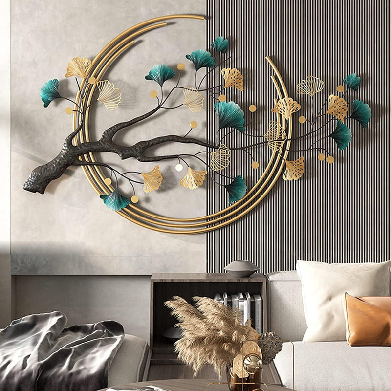 Zeby Crafts Ginkgo Tree Leaf Metal Wall Art, Modern Luxury Metal Wall Nature Art Decor, Metal Wall Decor for living room, 110x68cm - Multicolour