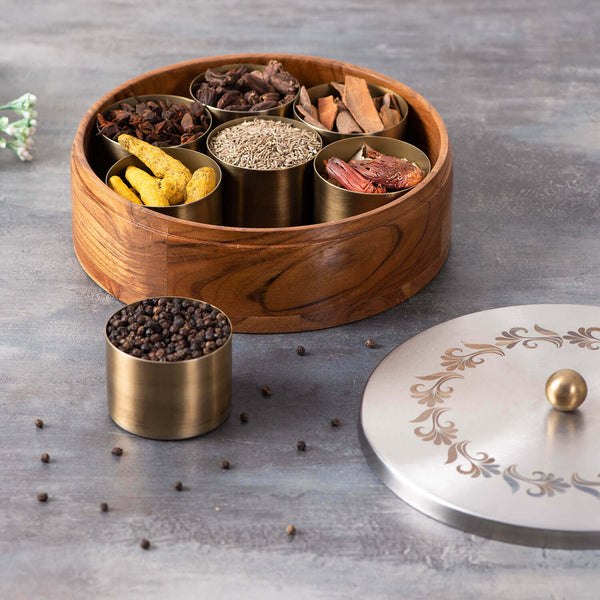 Voguish Masala Box Silver 7 Jar - Silver Floral