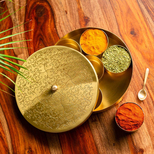 Brass Masala Box Floral Etched With Spoon (7 Containers)