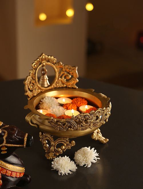 Antique Gold Intricately Designed Urli With Bell