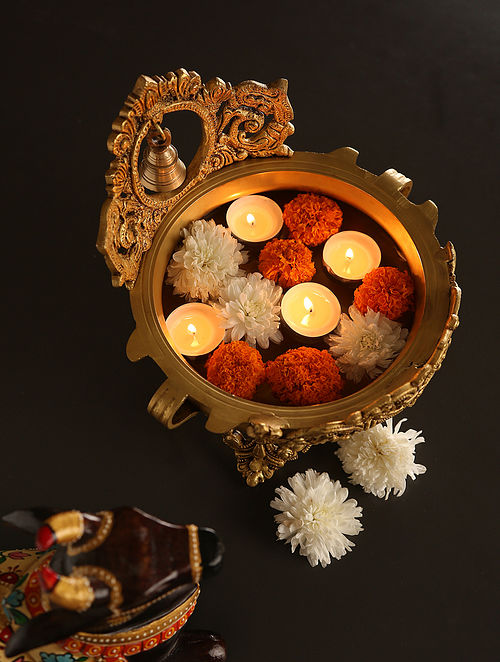 Antique Gold Intricately Designed Urli With Bell