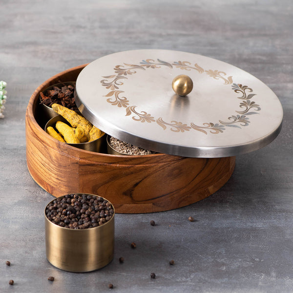 Voguish Masala Box Silver 7 Jar - Silver Floral