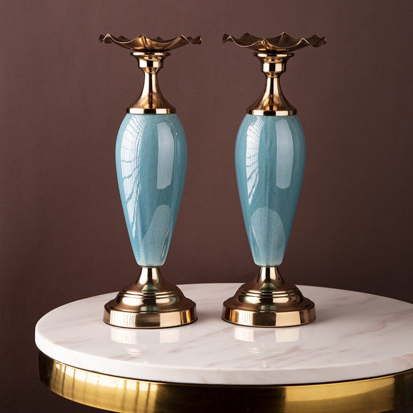 The Colonial Jade and Gold Decorative Candle Stand - Set of 2