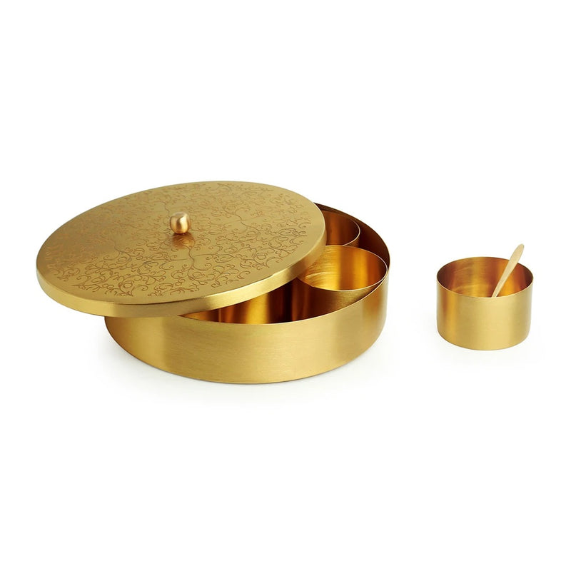 Brass Masala Box Floral Etched With Spoon (7 Containers)