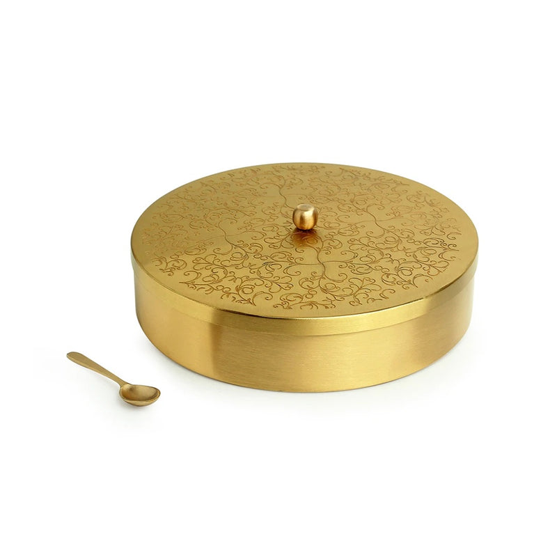 Brass Masala Box Floral Etched With Spoon (7 Containers)