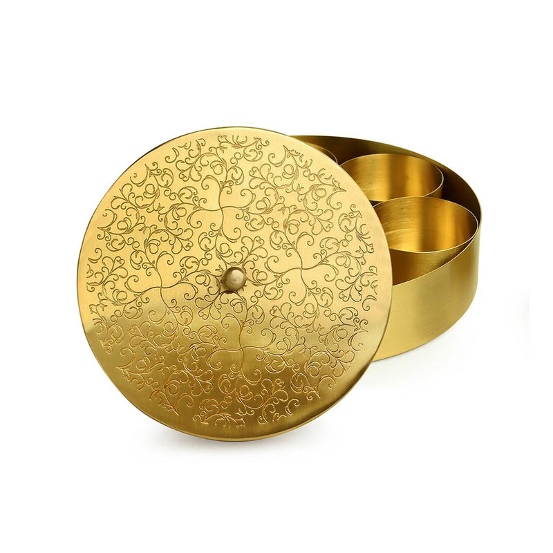Brass Masala Box Floral Etched With Spoon (7 Containers)