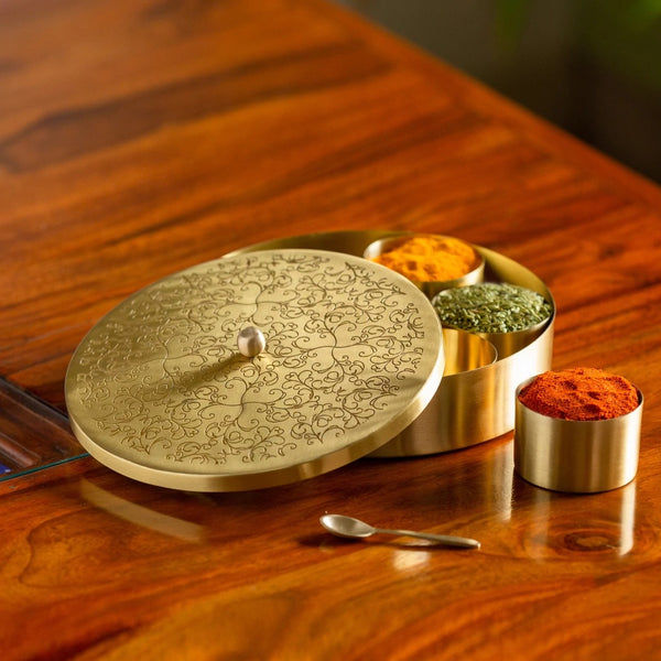 Brass Masala Box Floral Etched With Spoon (7 Containers)